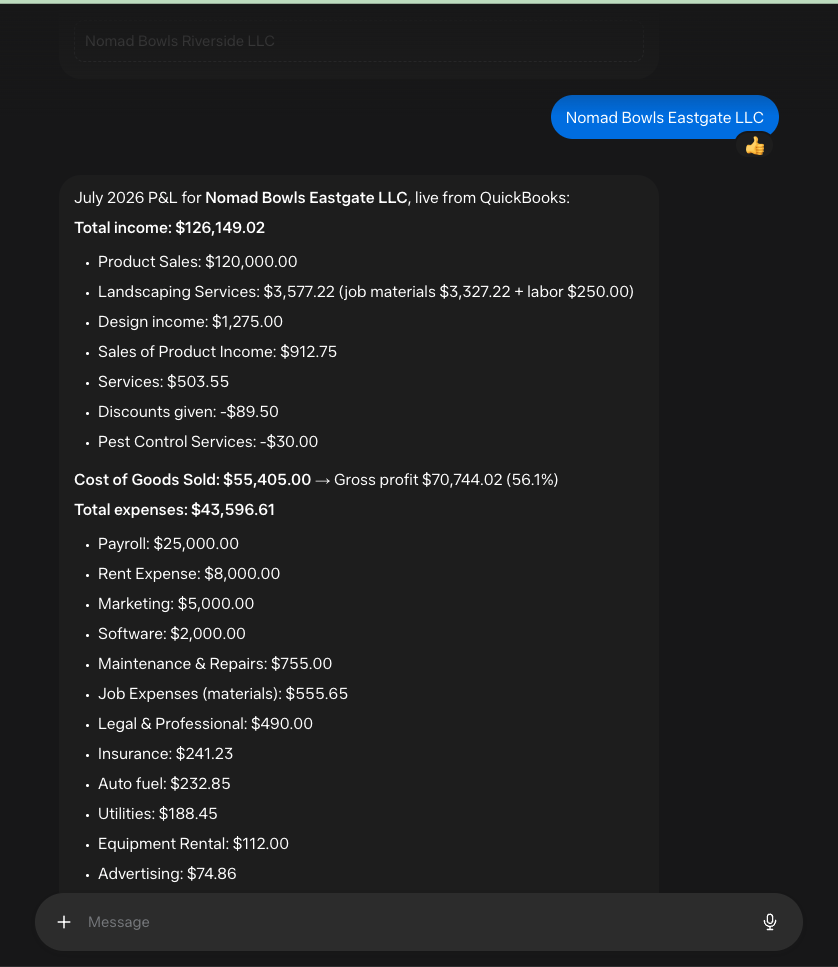Example profit and loss result returned by MosoFin in Muse