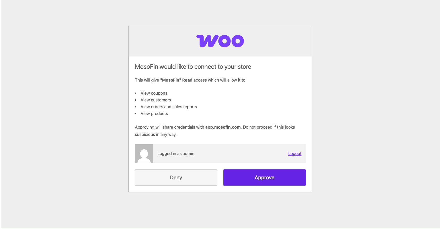 Approve MosoFin read access to a WooCommerce store