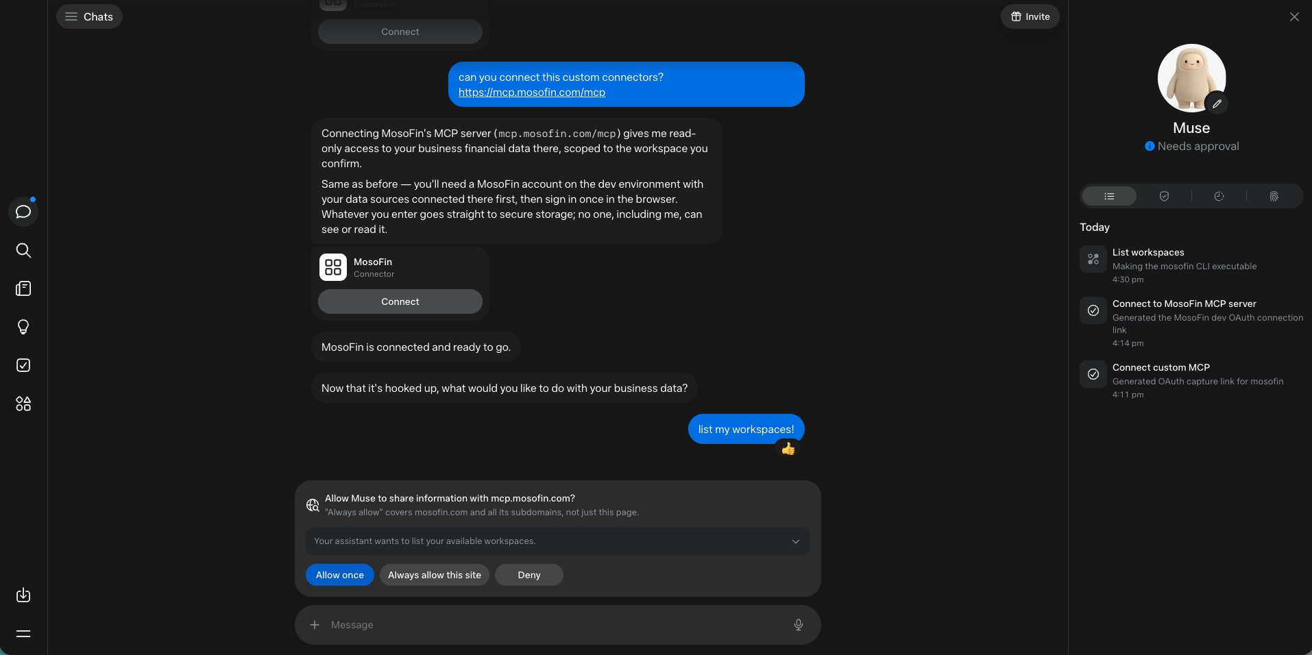 Approve the MosoFin workspace lookup request in Muse