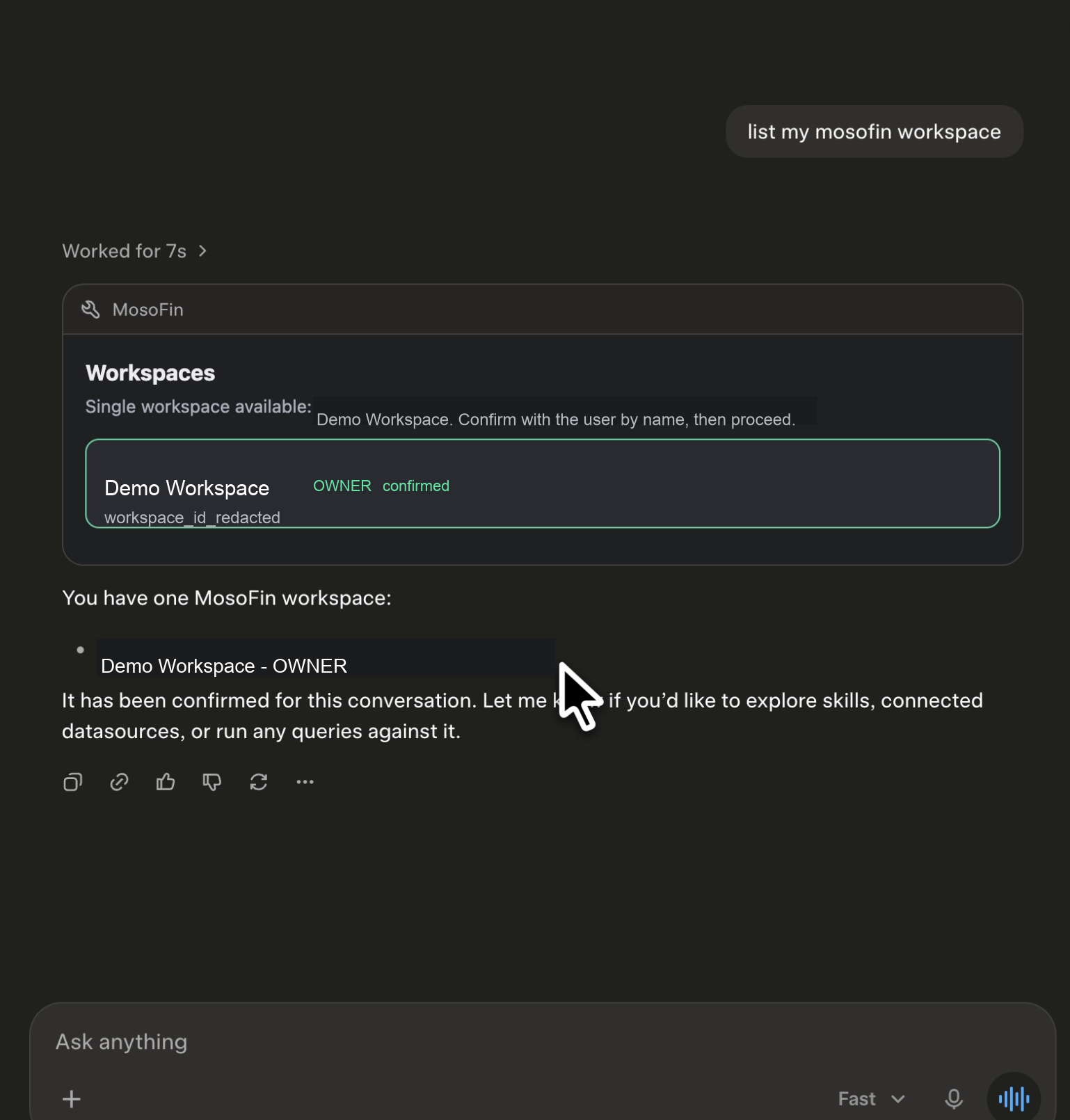 Test the MosoFin connection by listing workspaces in Grok