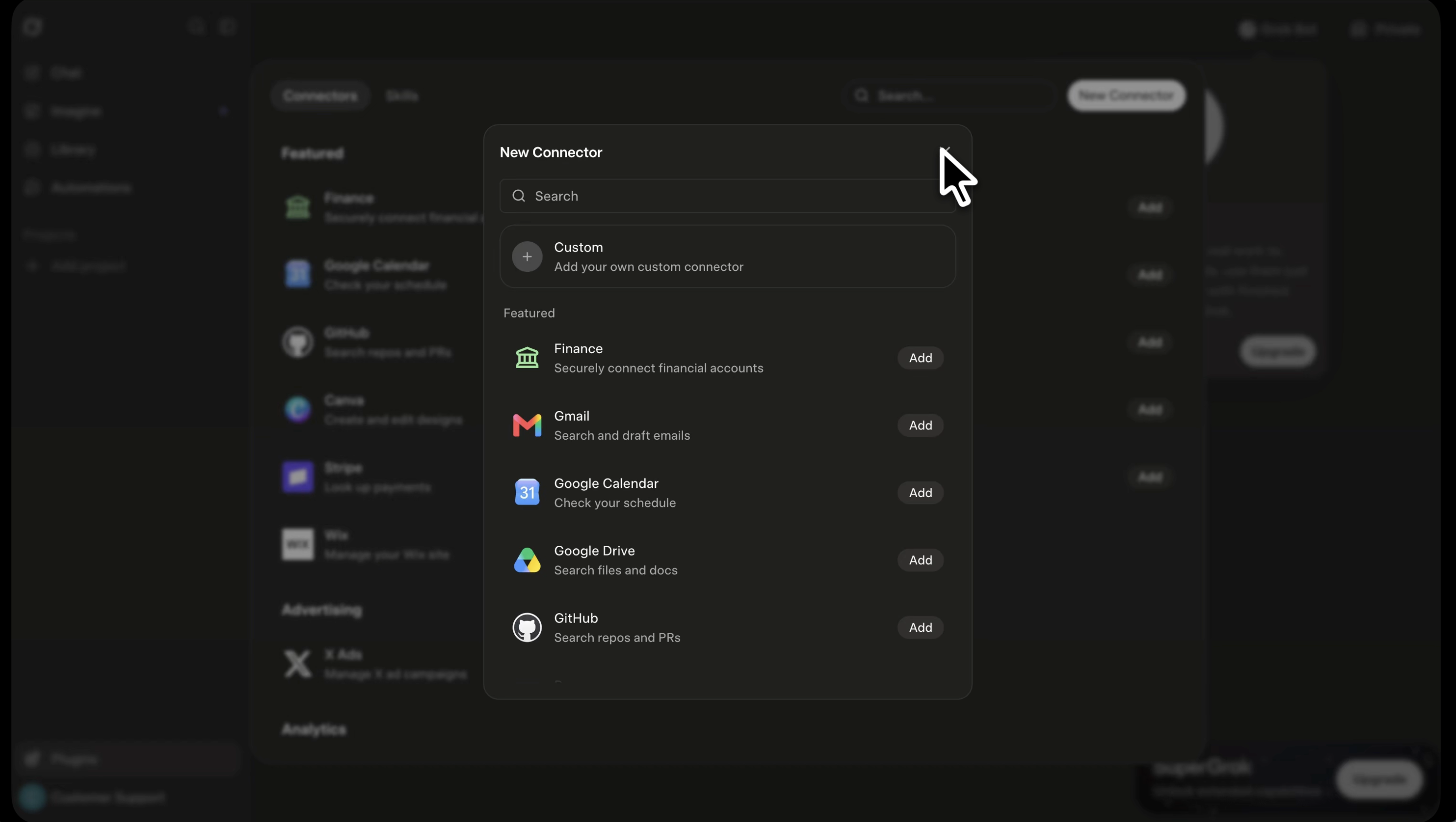 Open the connectors page in Grok and select a custom connector