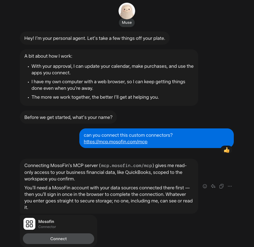 Connect the MosoFin custom connector in Muse