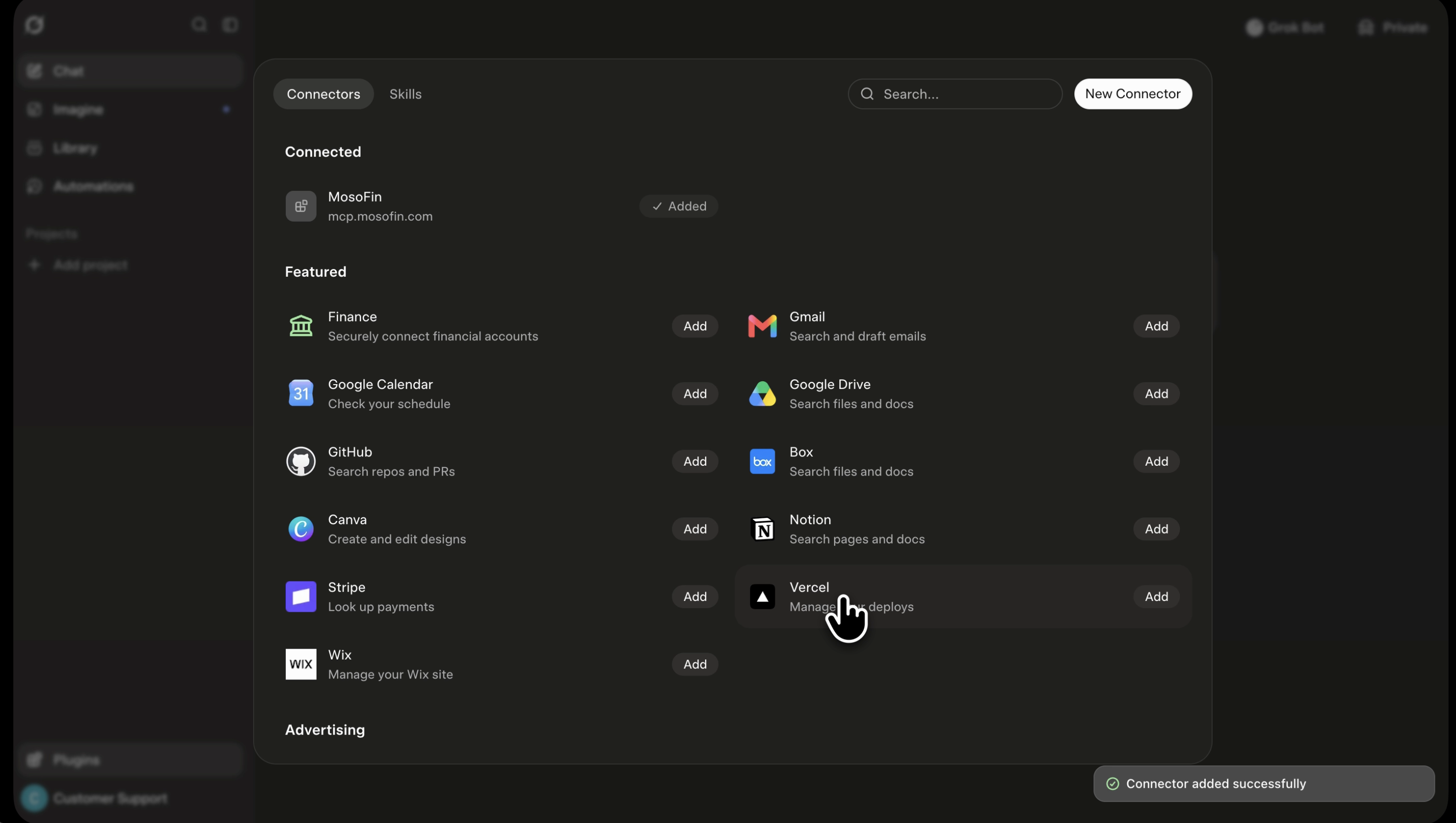 MosoFin appears in Grok as an added connector