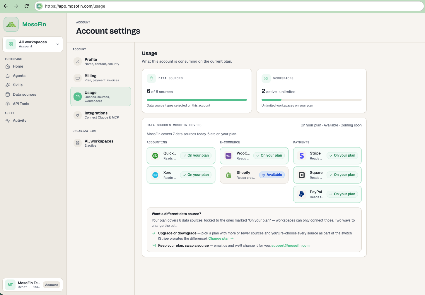 WooCommerce marked On your plan in MosoFin Usage settings