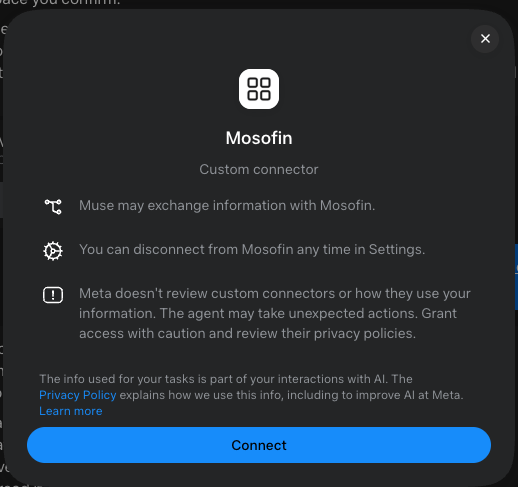 Review the MosoFin custom connector notice in Muse