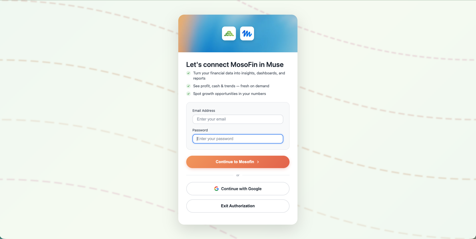 Sign in to MosoFin from the Muse authorization window