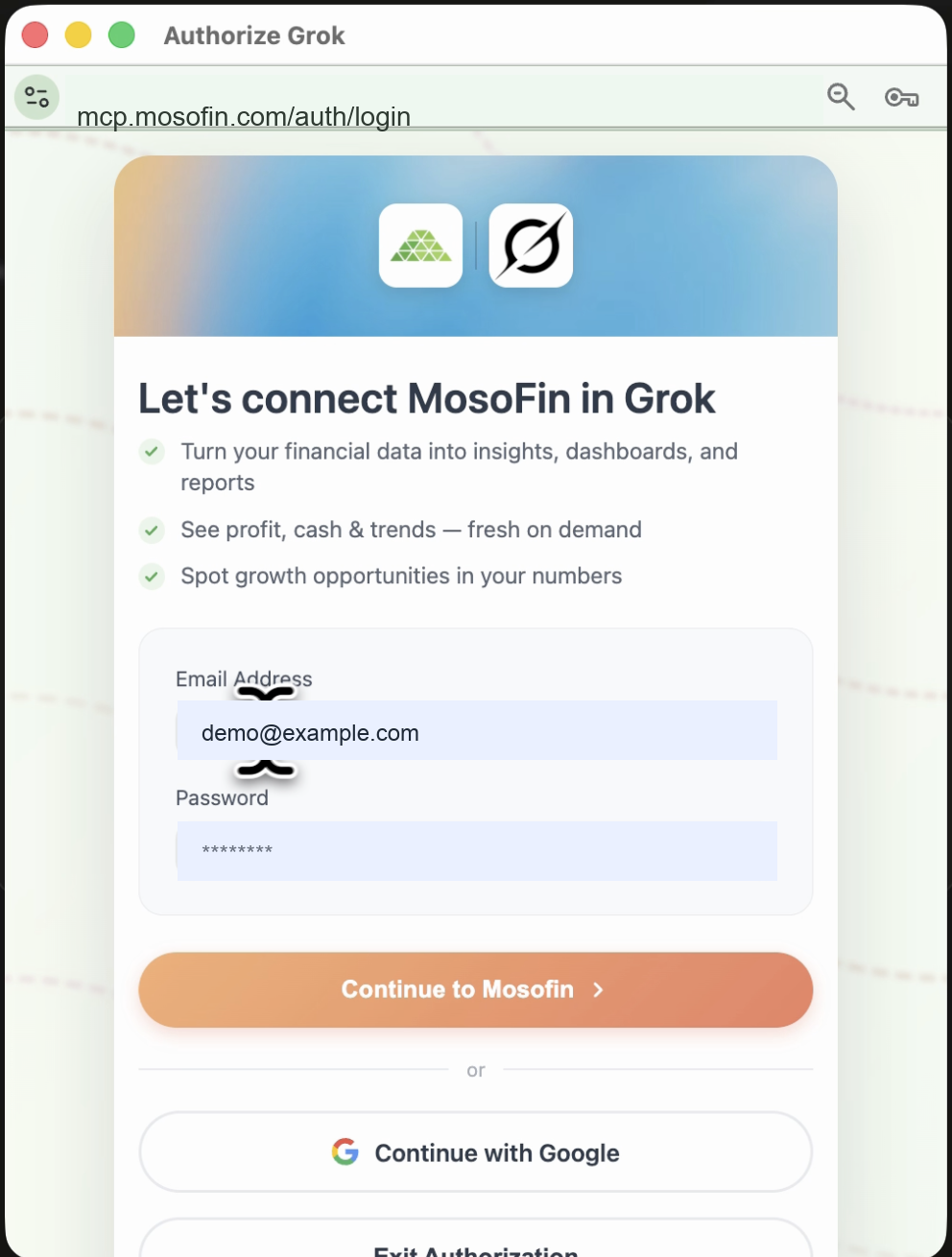 Sign in to MosoFin from the Grok authorization window